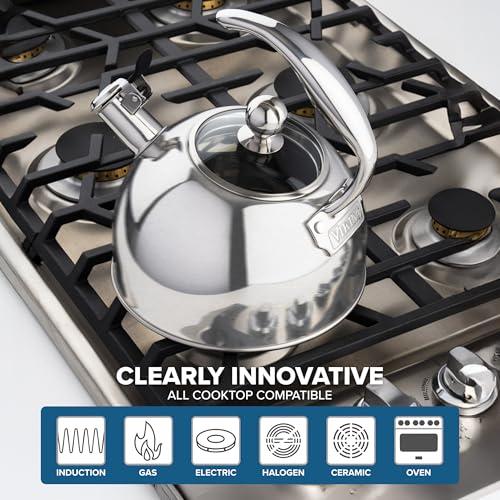 Viking 3-Ply Stainless Steel Tea Kettle, 2.6 Quart Stovetop Hot Water Pot with Tempered Glass Lid, Ergonomic Handle, Induction Ready, Satin Silver - color: Satin Silver