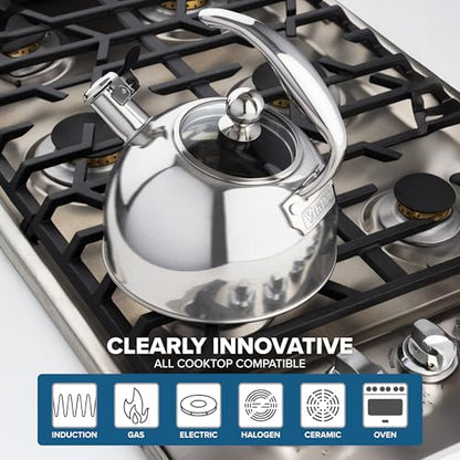 Viking 3-Ply Stainless Steel Tea Kettle, 2.6 Quart Stovetop Hot Water Pot with Tempered Glass Lid, Ergonomic Handle, Induction Ready, Satin Silver - color: Satin Silver