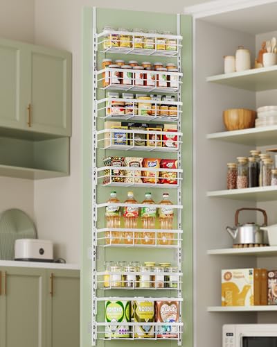 Apinol Over The Door Pantry Organizer, 8 Tier Adjustable Pantry Door Organization and Storage, Spice Rack with Hooks Mounted Shelves for Pantry Kitchen Essentials, White - color: White, size: 8-Tier