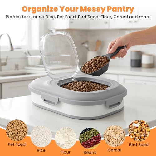 28 Lbs Dog Food Storage Container with Wheels, Collapsible Pet Food Storage Container with Clear Window, Measuring Cup & Scoop, BPA Free Cat Food Container for Rice, Flour, Grain, Bird Seed - color: Grey/28lbs