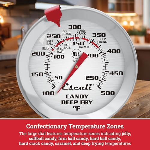 Escali AHC1 Stainless Steel Deep Frying and Candy Thermometer with Pot Clip, 5-Inch Probe with Candy Temperature Zones, NSF Certified - style: Short Probe
