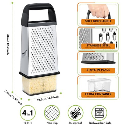 Urbanstrive Cheese Grater With Container Box Grater Stainless Steel Graters for Kitchen Cheese Shredder Parmesan Shredder Kitchen Gadgets Kitchen Tools Kitchen Gifts for Chef Dishwasher Safe Zester - color: Black