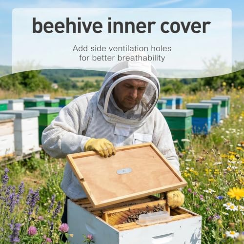 4pcs Beehive Inner Cover for 10 Frame Hive Box,Beeswaxed-Coated Bee Hive Cover,Beekeeping Supplies,Bee Hive Top Cover with Frame,Cover with Feeding Hole for Beekeeping Tool (4)