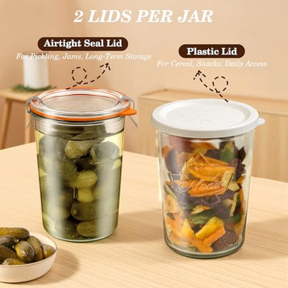Freshmage Canning Jars 27 oz 2 Pack, Sourdough Starter Jars with 2 Lids Per Jar (Glass Sealing Lid & Plastic Lid), 800ML Wide Mouth Airtight Glass Storage Containers for Pickles, Yogurt, Pasta, Cereal