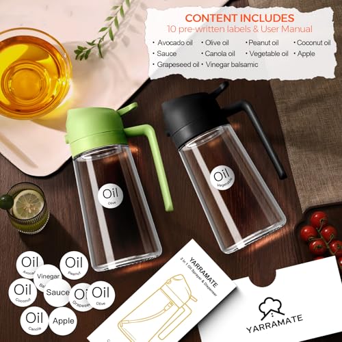 YARRAMATE 2Pcs 16oz/470ml Olive Oil Dispenser, Food-grade 2 in 1 Oil Glass Sprayer for Cooking, Kitchen, Air Fryer, Salad, Frying, BBQ (Black) - color: 16_2Pcs Black