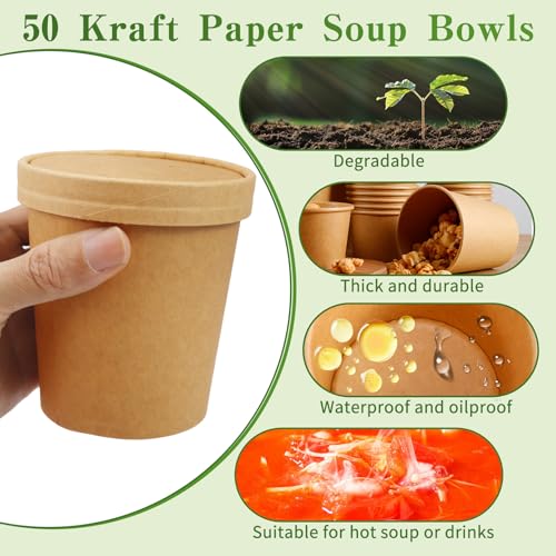 50 Pack Kraft Paper Soup Containers with Lids, 16 Oz Disposable Paper Food Containers, Round, Brown, General Use, Freezer & Microwave Safe
