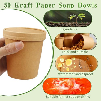 50 Pack Kraft Paper Soup Containers with Lids, 16 Oz Disposable Paper Food Containers, Round, Brown, General Use, Freezer & Microwave Safe