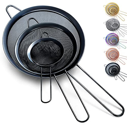 Kyraton Black Fine Mesh Strainer 3 Pieces Set, Flour Sifter For Baking, Stainless Steel Clander, Matcha Tea Strainer, Gravy Separator, Stasher Sieve Pasta Strainers