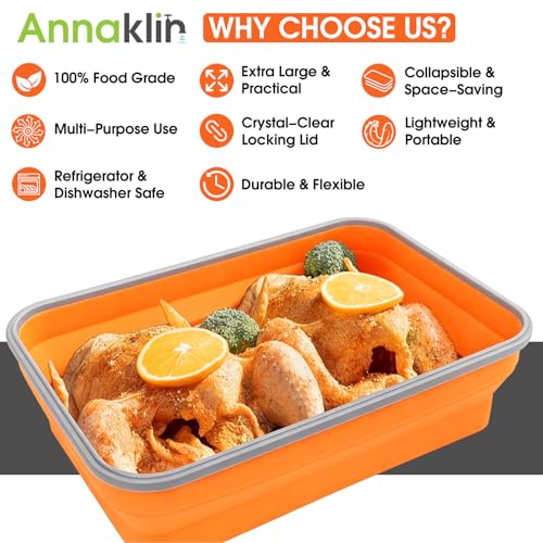 Silicone Collapsible Marinating Container with Lid for Meat, 2.64Gal/10L, Extra Large Collapsible BBQ Prep Tub, Transparent Locking Lid, XL Grill Prep Trays and Carry System, BBQ Must-Have, Orange - color: Orange | 1 Pack | 2.64 Gal