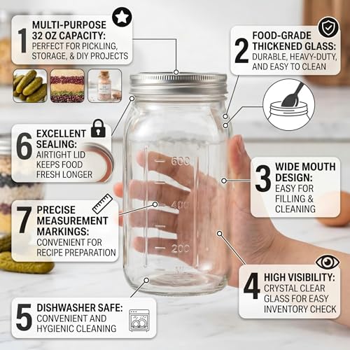 Wide Mouth Glass Mason Jars, 32oz, Pack of 4 | Airtight Lids, Measurement Marks, Food Storage Containers, For Overnight Oats, Canning, Fruit Jams & Meal Prep