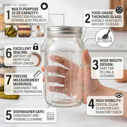 Wide Mouth Glass Mason Jars, 32oz, Pack of 4 | Airtight Lids, Measurement Marks, Food Storage Containers, For Overnight Oats, Canning, Fruit Jams & Meal Prep