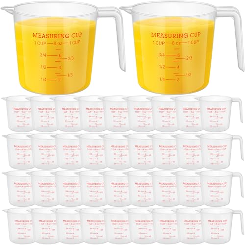 Kanayu 36 Pcs Plastic Measuring Cup Clear Measuring Mug with Spout and Handle Grip Capacity Clear Graduated Pitcher for Kitchen Flour Water Liquids (Red,8 Oz, 1 Cup) - color: Red, size: 8 oz, 1 Cup