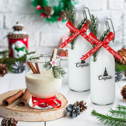 Sieral 12 Pack Christmas Coquito Glass Bottle 8oz Clear Flip Swing Top Beer Brewing Bottles with Ribbon and Artificial Branches for Liquids Wine Christmas Tree Xmas Gifts - style: Plain