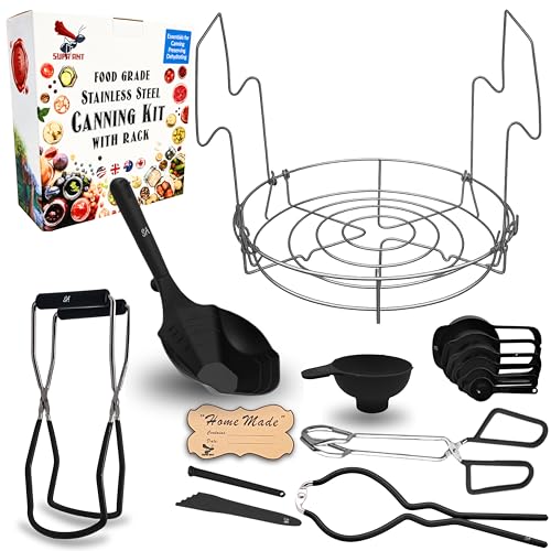 Supa Ant Complete Canning Supplies Starter Kit – 10pc Food-Grade Steel Set with XL Ladle, 6 Measuring Cups, Jar Lifter, Funnel, Canning Rack (7-Jar Capacity) & 90 Labels – Beginner-Friendly, Black - color: Black