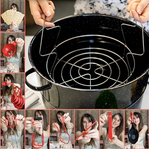 Supa Ant Complete Canning Supplies Starter Kit – 10pc Food-Grade Steel Set with XL Ladle, 6 Measuring Cups, Jar Lifter, Funnel, Canning Rack (7-Jar Capacity) & 90 Labels – Beginner-Friendly, Red - color: Red