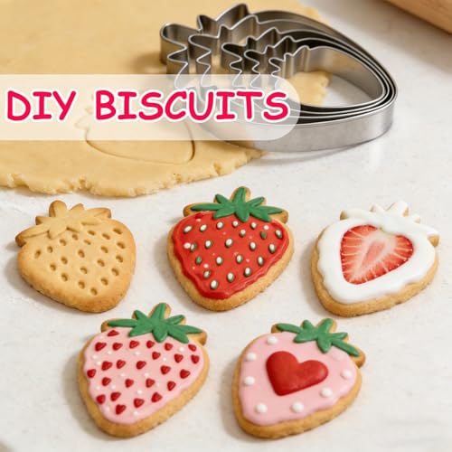 Strawberry Cookie Cutter Fruit Vegetbale Biscuit Cutters for Valentines Day Birthday Summer Christmas New Year Party DIY Baking Mold, Pack of 5 - style: Strawberry 5pcs