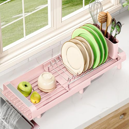 TOOLF Small Dish Drying Rack, Mini Expandable Compact Dish Rack, Slim Extendable Stainless Steel Dish Drainer for Kitchen Plate Storage, Space Saving Dish Strainer in Sink or on Home Countertop, Pink - color: Pink