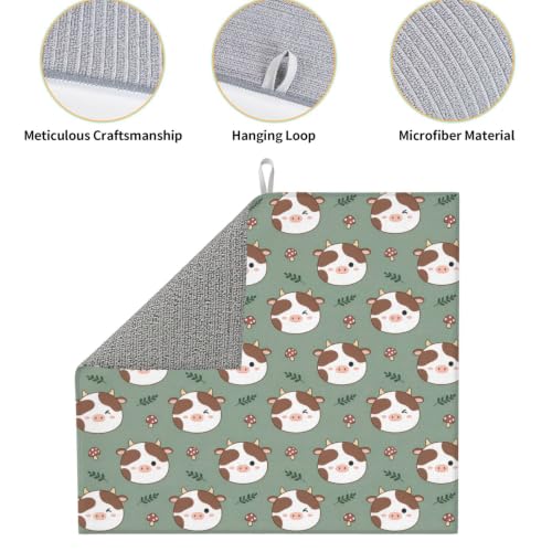 Cute Cow Mushrooms Green Leaf Dish Drying Mats for Kitchen Counter, Super Absorbent Microfiber Drainer Pad, Washable Reversible Appliance Protector, Everyday Kitchen Must-Have, 16x18 Inch - color: Cute Cow Mushrooms Green Leaf