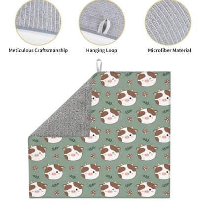 Cute Cow Mushrooms Green Leaf Dish Drying Mats for Kitchen Counter, Super Absorbent Microfiber Drainer Pad, Washable Reversible Appliance Protector, Everyday Kitchen Must-Have, 16x18 Inch - color: Cute Cow Mushrooms Green Leaf