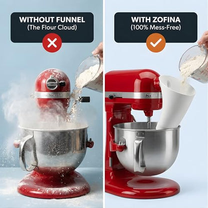 ZOFINA™ Flour Funnel for KitchenAid 6 Qt Bowl-Lift Stand Mixer RKSM60 + Cord Organizer | Mess-Free Pouring Attachment | No-Spill Baking, Food-Grade | Easy Pour & Dishwasher Safe