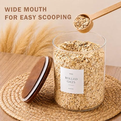 2 Pack Glass Rice Containers with Acacia Wood Lids, 70oz Airtight Flour and Sugar Jars with 105 Labels, Large Glass Pantry Storage Jars for Cereal, Protein Powder, Cookies, Dry Food - size: 70oz 2 Pack