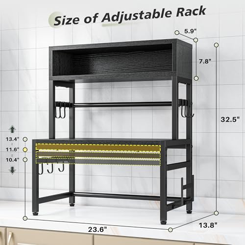 EnHomee 4-Tier Microwave Stand for Kitchen Storage, Black | 205 lb Capacity, Adjustable Kitchen Shelves with 9 Hooks & Cutting Board Rack - color: Black