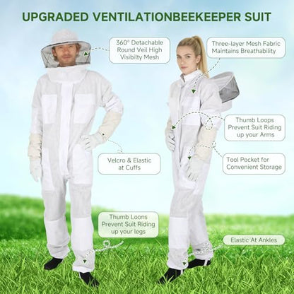 Upgraded Bee Suit for Men & Women Sting Proof, Thickened Ventilated Beekeeper Suit with Gloves & Round Veil, Full Protection Beekeeping Suits(XXL 5'11"-6'3") - size: Thickened XXL