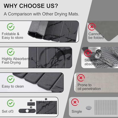 3 PCS Large Stone Dish Drying Mat for Kitchen Counter, Quick Dry Diatomaceous Earth Mat with Sink Faucet Pad, Marble Water Absorbing Stone Drying Mats for Dishes, Bottles and Cups - color: Dark Grey Marble