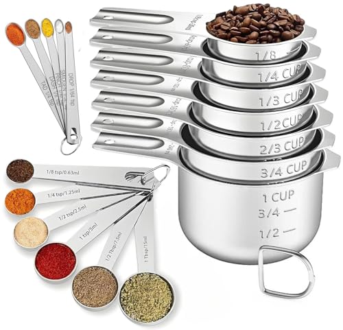 18PCS Measuring Cups and Spoons Set, Include 7 Nesting Measuring Cups, 6 Measuring Spoons and 5 Mini Spoons, Stainless Steel Metal Measuring Set, Kitchen Gadgets for Cooking & Baking - size: 18PCS Set