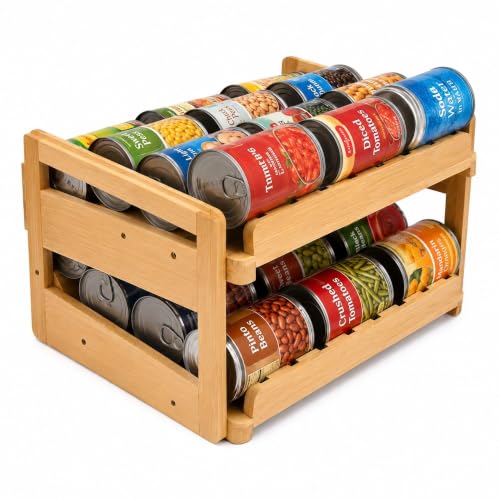 MinBoo Bamboo FIFO Can Organizer for Pantry, 24-Can Gravity Dispenser with Adjustable Dividers, Freestanding Wood Canned Food Storage Rack for Soup, Soda and Pet Food, 15.5" W x 11.6" D x 9.4" H