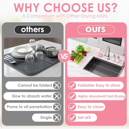 3 PCS Large Stone Dish Drying Mat for Kitchen Counter -24"x16" Absorbent Diatomaceous Earth Mat with Stone Faucet Mat & Soap Tray - Quick Dry, Collapsible, Non-Slip Countertop Organizer - color: PINK Marble