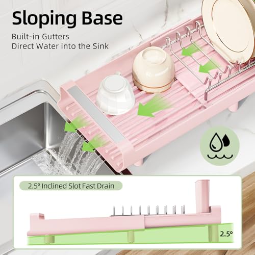 TOOLF Small Dish Drying Rack, Mini Expandable Compact Dish Rack, Slim Extendable Stainless Steel Dish Drainer for Kitchen Plate Storage, Space Saving Dish Strainer in Sink or on Home Countertop, Pink - color: Pink