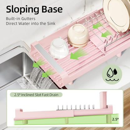 TOOLF Small Dish Drying Rack, Mini Expandable Compact Dish Rack, Slim Extendable Stainless Steel Dish Drainer for Kitchen Plate Storage, Space Saving Dish Strainer in Sink or on Home Countertop, Pink - color: Pink
