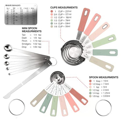 CuttleLab 22-Piece Stainless Steel Measuring Cups and Spoons Set, Tad Dash Pinch Smidgen Drop Mini Measuring Spoons, Measuring Stick Leveler, Measurement Conversion Chart Fridge Magnet, (Country Chic) - color: Country Chic