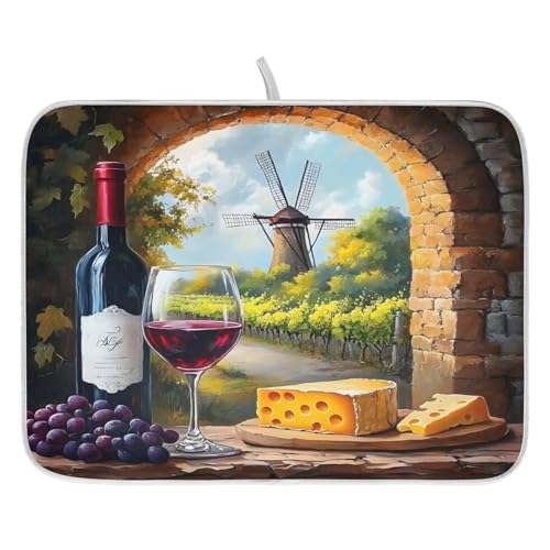 Red Wine Glasses with Grape Cheese Farm Dish Drying Mats for Kitchen Counter Absorbent Microfiber Dish Drying Matt 16 x 18 Inch Draining Reusable Rack Pad - size: 16x18in