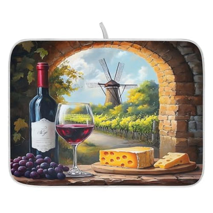 Red Wine Glasses with Grape Cheese Farm Dish Drying Mats for Kitchen Counter Absorbent Microfiber Dish Drying Matt 16 x 18 Inch Draining Reusable Rack Pad - size: 16x18in