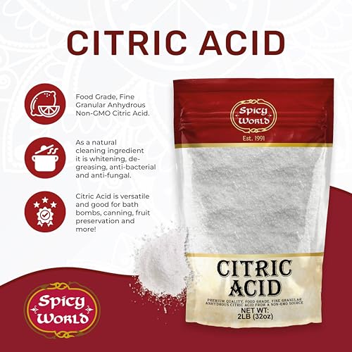 Citric Acid 2 LB Bag - 100% Pure, Food Grade & Non-GMO - Citric Acid Powder For Cleaning, Bath Bombs, Preserving - Fine Granular by Spicy World - size: 2 Pound (Pack of 1)