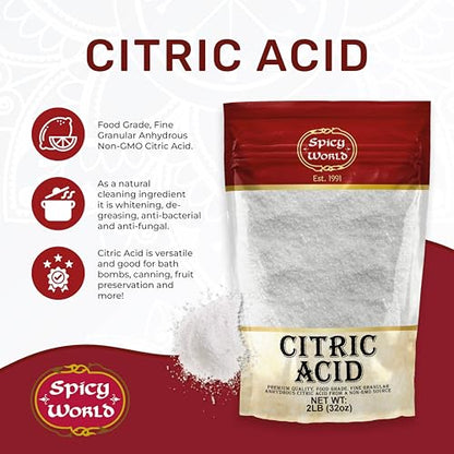 Citric Acid 2 LB Bag - 100% Pure, Food Grade & Non-GMO - Citric Acid Powder For Cleaning, Bath Bombs, Preserving - Fine Granular by Spicy World - size: 2 Pound (Pack of 1)
