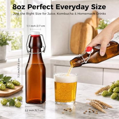Ruckae Amber Square Swing Top Glass Bottles with Lids Kombucha Flip Top Glass Bottle for Coquito Syrup Vanilla Extract Brew Beer Kefir Air Tight Bottles for Gift (8oz 12pack) - size: 8oz 12pack