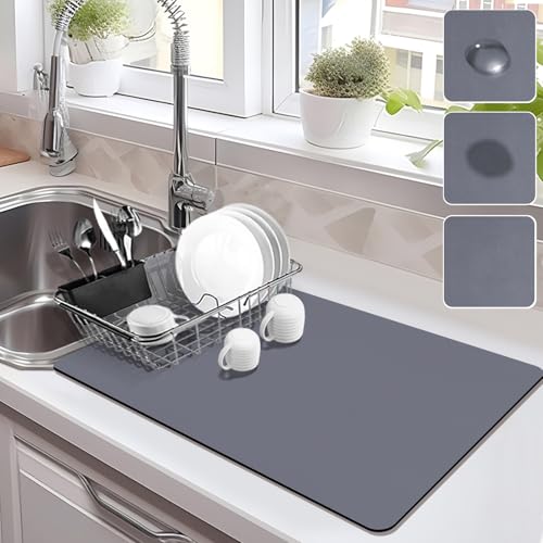 Drying Mat for Kitchen Countertops, Coffee Mat Hide Stain Rubber Backed Absorbent Dish Drying Mat - color: Misty Gray, size: 16" x 24"