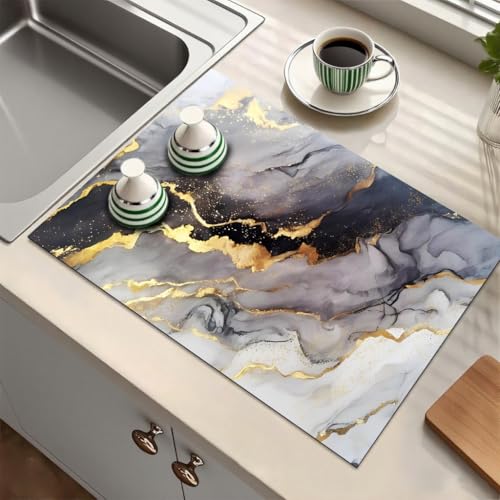 Dish Drying Mat Coffee Bar Mat for Countertops, Cuttable Marble Pattern Hide Stain Rubber Backed Absorbent, 24"X 16" Coffee Bar Accessories for Kitchen Counter, Drainer Rack, Utensils (Ink Pattern E) - color: Ink Pattern E, size: 24" x 24"