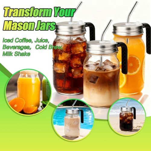 Palksky Mason Jar Lids with Straw Hole & Handle for Regular Mouth Jars, Leak-Resistant Drinking Lids with Extra Silicone Rings, Mason Jar Straw Lids for Iced Coffee, Lemonade, Juice (2 Pack) - style: Regular Mouth Lids with Straw & Handle 2 Packs
