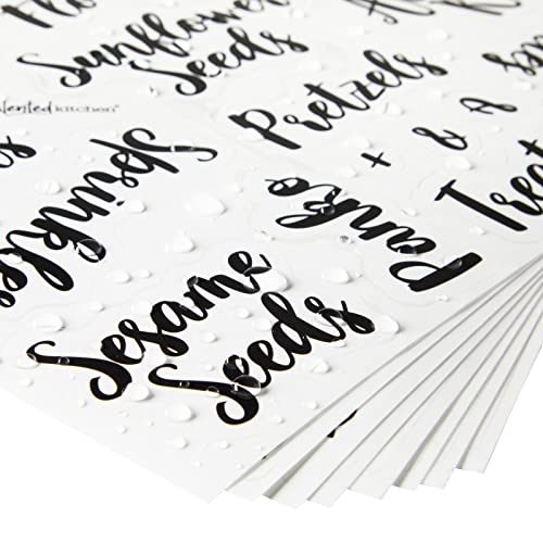 Talented Kitchen Labels for Food Containers - 135 Count, Preprinted Black Cursive on Clear Backing, Water-Resistant - Pantry & Kitchen Storage Labels for Jars & Bins - Easy Peel & Stick