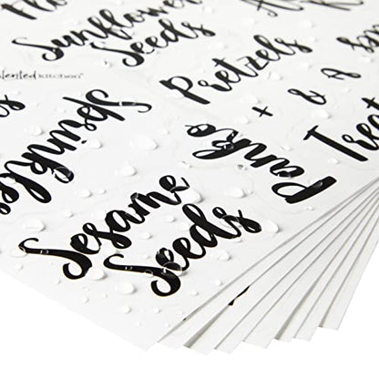 Talented Kitchen Labels for Food Containers - 135 Count, Preprinted Black Cursive on Clear Backing, Water-Resistant - Pantry & Kitchen Storage Labels for Jars & Bins - Easy Peel & Stick