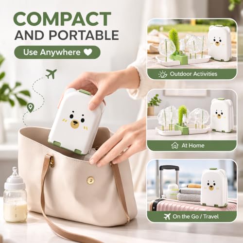 Travel Bottle Cleaner kit, 7in1 Baby Toddler Travel Essential Silicone Bottle Brush Set, Nipple, Drying Rack, Straw, & Breast Pump Cleaning, Soap Dispenser & Organizer Case, Gift Mom - color: Green