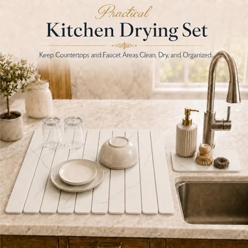 2 PCS Large Stone Dish Drying Mat for Kitchen Counter, 24" x 16" Diatomaceous Earth Dish Mat with 8" x 4" Coaster, Quick Dry Foldable Absorbent Mat for Dishes, Cups, Bottles (White) - color: White