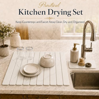 2 PCS Large Stone Dish Drying Mat for Kitchen Counter, 24" x 16" Diatomaceous Earth Dish Mat with 8" x 4" Coaster, Quick Dry Foldable Absorbent Mat for Dishes, Cups, Bottles (White) - color: White