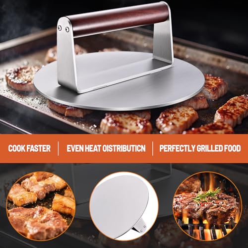 8.5" Stainless Steel Smash Burger Press, 2.5 lbs Heavy Duty Bacon Press & Patty Smasher with Wood Handle, Smooth Non-Stick Griddle Press for Steak, Meat, Flat Top Grill & BBQ - color: 8.5 inches - Silver