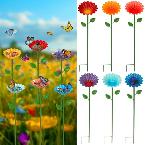 6 Pack Bee Watering Station, Bee Feeder for Garden Metal Butterfly Water Feeder Colorful Flower Design Bath Bowl with Glass Beads for Pollinators Outdoor Garden Yard & Patio Decor - size: 6 Pack