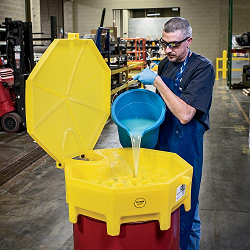 PIG Poly Drum Funnel | Hinged Lid | for 55 Gal Tight-Head Steel & Poly Drums | 29" D x 11" H | Yellow | DRM672-YW - color: Yellow